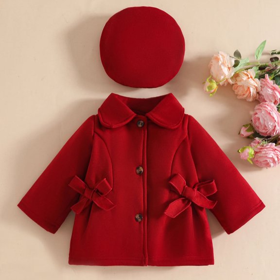 SYMOID Kids Girl Red Wool Polyester Blend Coat & Beret Hat Set - Warm Winter Outerwear with Peter Pan Collar, 6 Months to 3 Years Kids,Size 1-2T