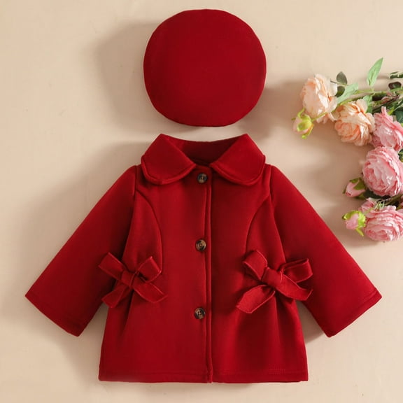 SYMOID Kids Girl Red Wool Polyester Blend Coat & Beret Hat Set - Warm Winter Outerwear with Peter Pan Collar, 6 Months to 3 Years Kids,Size 1-2T