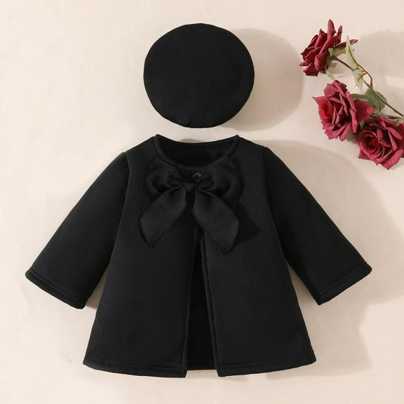 SYMOID Kids Girl Warm Coat & Beret Set, Black, 50% Wool 50% Polyester, 6-36 Months A-Line Bow Outerwear for Cool Weather,Size 2-3T
