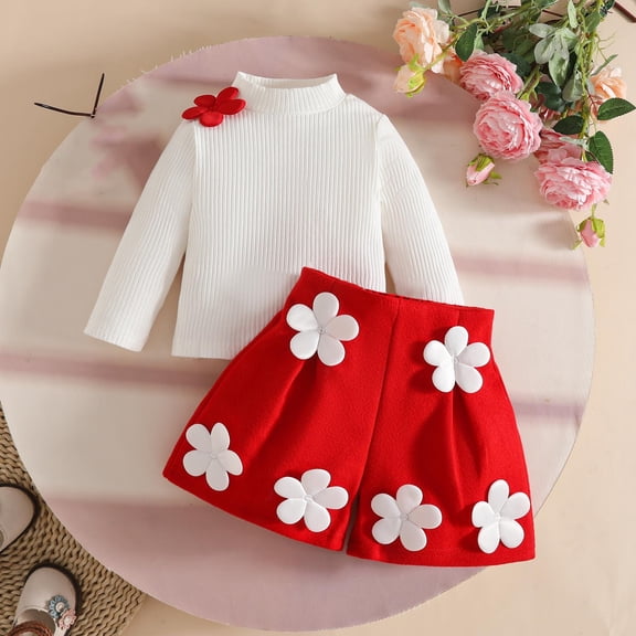 SYMOID Kids Girl White Cotton 2-Piece Outfit Set: Long Sleeve Mock Neck Top & Skirt with 3D Flowers, Skin-Friendly Fits 6-48 Months,Size 12 Months