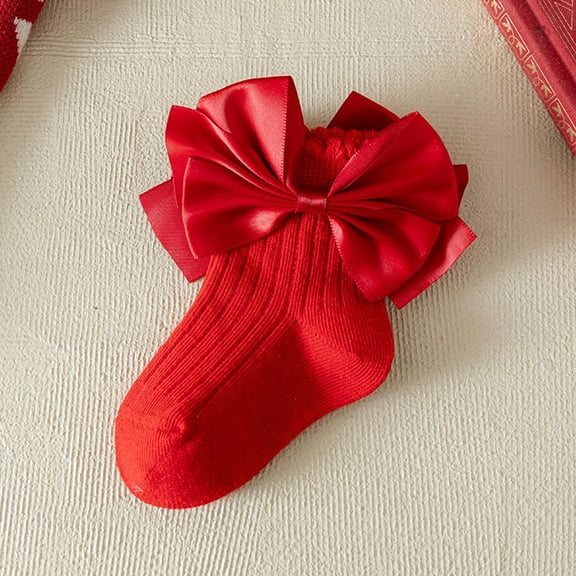 SYMOID Kids Kids Girl Cotton Ankle Socks - Ribbed Non-Slip with Satin Bow, Red, Festive & Everyday Wear (Sizes S-XL),Size 1 T