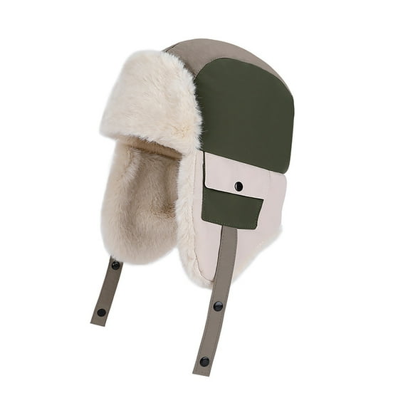 SYMOID Kids Unisex Trapper Hat - Army Green Warm Winter Hat, Faux Faux Fur Lined Color Block Aviator Hat for Boys & Girls Ages 4-12 with Chin Strap,Size Free Size