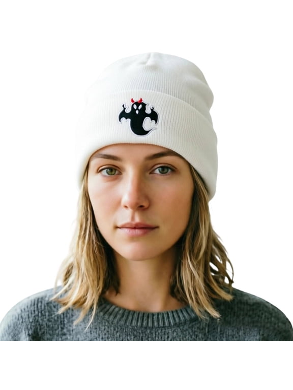 Knit Beanie with Devil Ghost Embroidery, White Cuffed Winter Skull Cap for Hall-oween Unisex Hats,Size Free Size