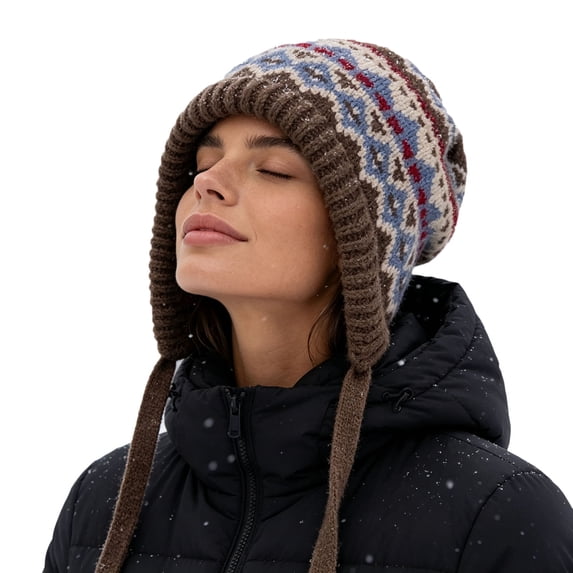 SYMOID Knit Fair Isle Earflap Beanie Hat for Women, Winter Cap with Tassels, One Size Khaki Hats,Size Free Size