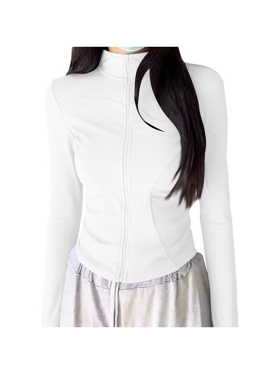 Lightweight UPF 50+ Sun Protection Jacket Women Slim Fit Cropped Full Zip Activewear Long Sleeve Breathable Athletic Jacket White,Size L