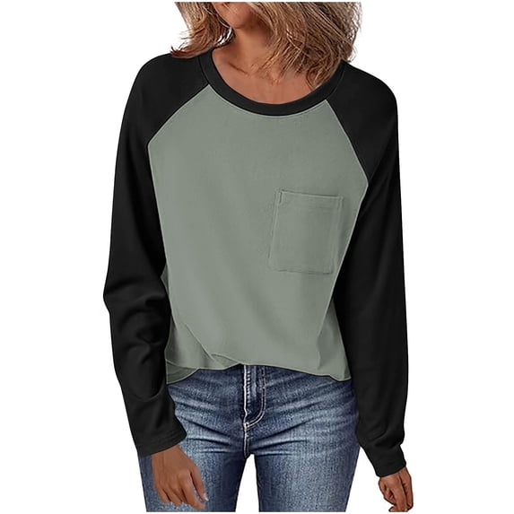 SYMOID Long Sleeve Top Shirts for Women 2025 Crew Neck Patchwork Casual Summer Juniors Classic T-Shirt,Green,Size L