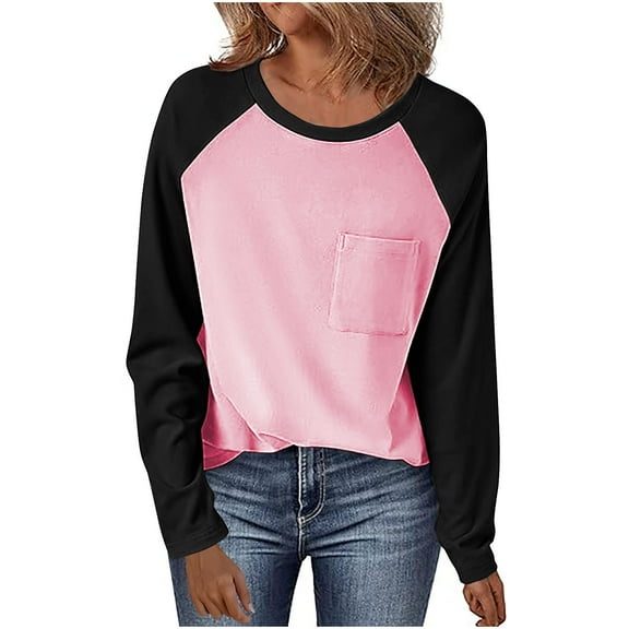 SYMOID Long Sleeve Top Shirts for Women 2025 Crew Neck Patchwork Casual Summer Juniors Classic T-Shirt,Pink,Size S