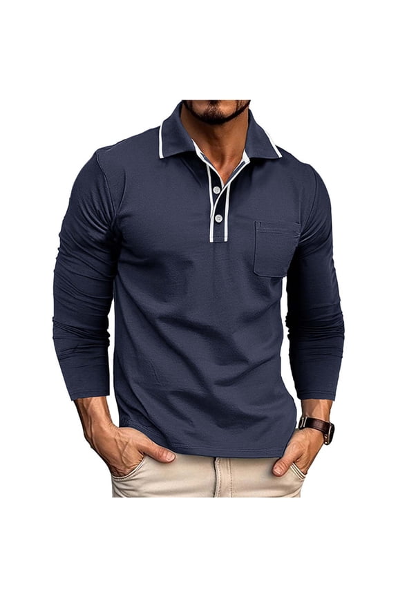 Men's 100% Cotton Long Sleeve Polo Shirt - Business Casual, Contrast Trim Collar, Chest Pocket, Easy Care, Size L, Dark Blue, Affordable