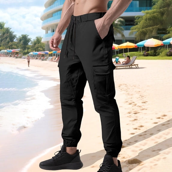 SYMOID Men's 100% Polyester Cargo Jogger Pants - Adjustable Waist, Multiple Pockets, Quick Dry, Wrinkle Resistant, Black, Size L