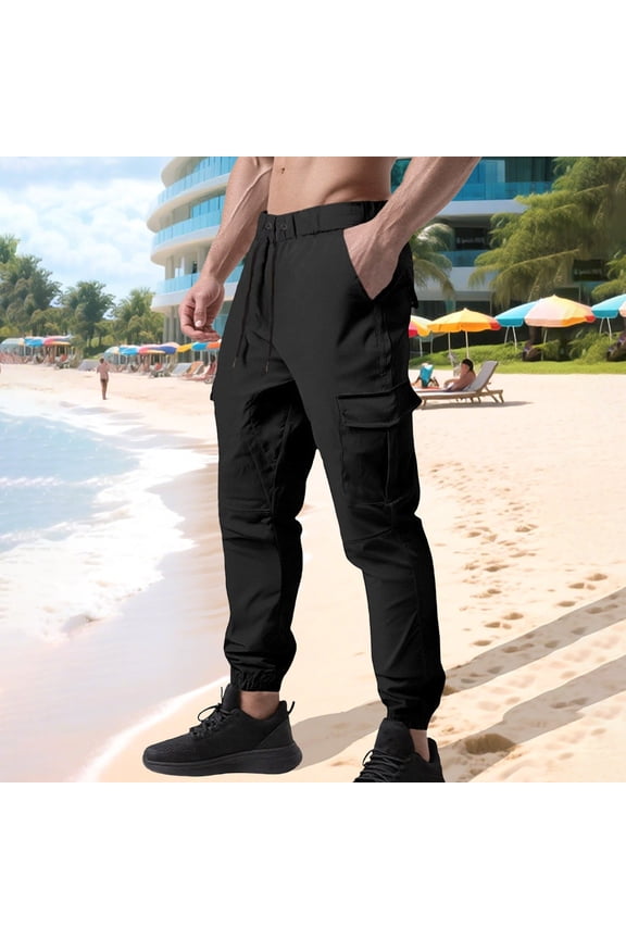 Men's 100% Polyester Cargo Jogger Pants - Adjustable Waist, Multiple Pockets, Quick Dry, Wrinkle Resistant, Black, Size L