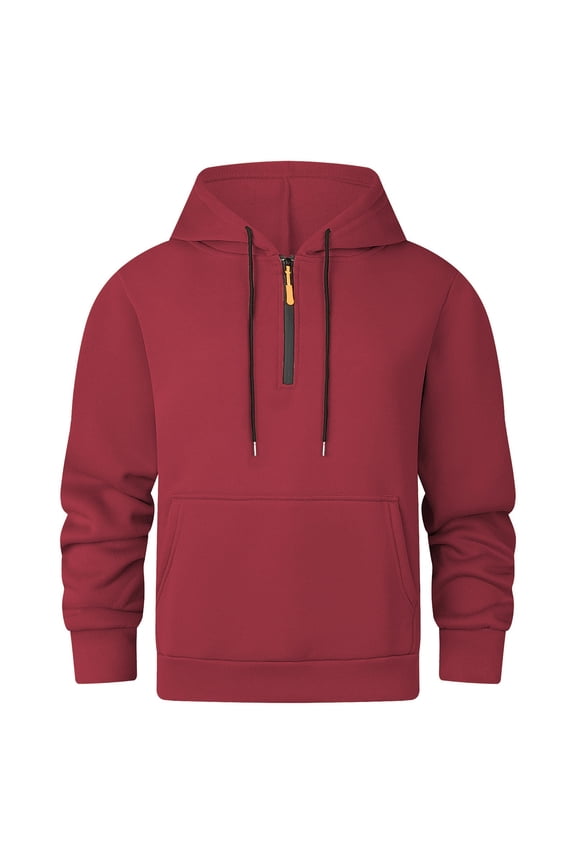 Men's 100% Polyester Half Zip Hoodie - Wine Color, Size M, Drawstring Hood & Kangaroo Pocket, Ribbed Cuffs/Hem, Machine Washable for Casual/Gym/Layering in Cool Weather