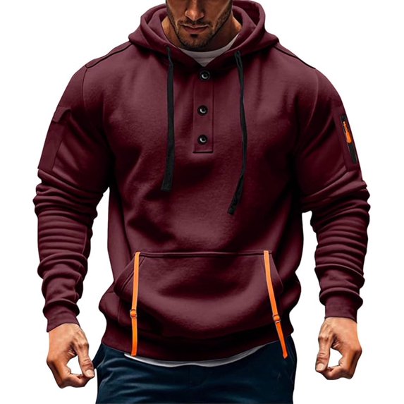 GUZOM Men’s Henley Hoodie,Wine Color,Size L,with Drawstring Hood,Kangaroo Pocket & Ribbed Cuffs,Relaxed Fit for Casual/Athletic Use
