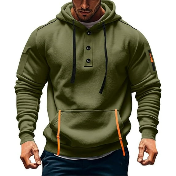 SYMOID Men’s 100% Polyester Hoodie - Henley Neck with 3 Buttons, Drawstring Hood & Kangaroo Pocket, Army Green, Size M - Soft Breathable Casual Athletic Piece