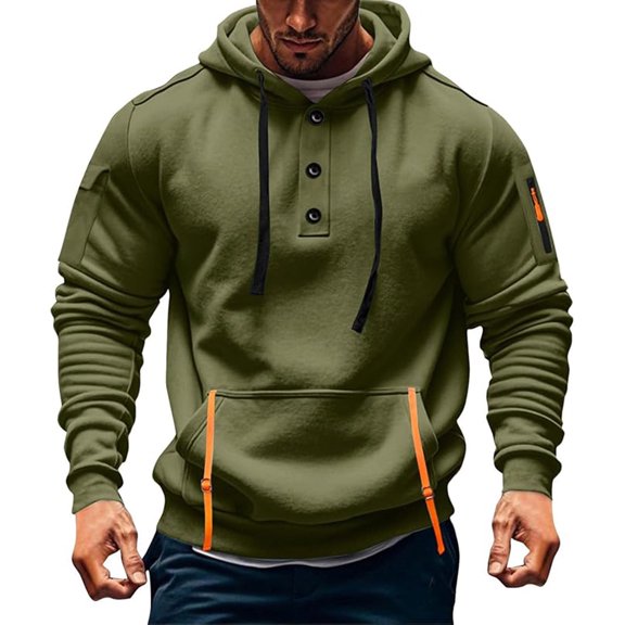 SYMOID Men’s 100% Polyester Hoodie - Henley Neck with 3 Buttons, Drawstring Hood & Kangaroo Pocket, Army Green, Size M - Soft Breathable Casual Athletic Piece