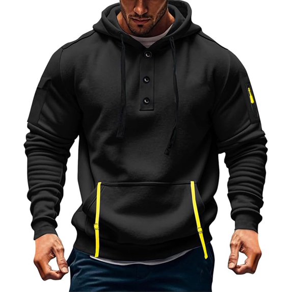 SYMOID Men's 100% Polyester Hoodie Henley Neck with Buttons, Kangaroo & Sleeve Pocket, Ribbed Cuffs Relaxed Fit - Black, Size 2XL