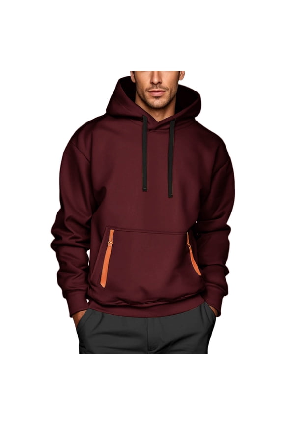 Men's 100% Polyester Pullover Hoodie - Orange Zipper Kangaroo Pocket, Adjustable Drawstrings, Ribbed Cuffs & Hem - Size XL, Wine, Easy Care for Daily/Gym/Casual Wear