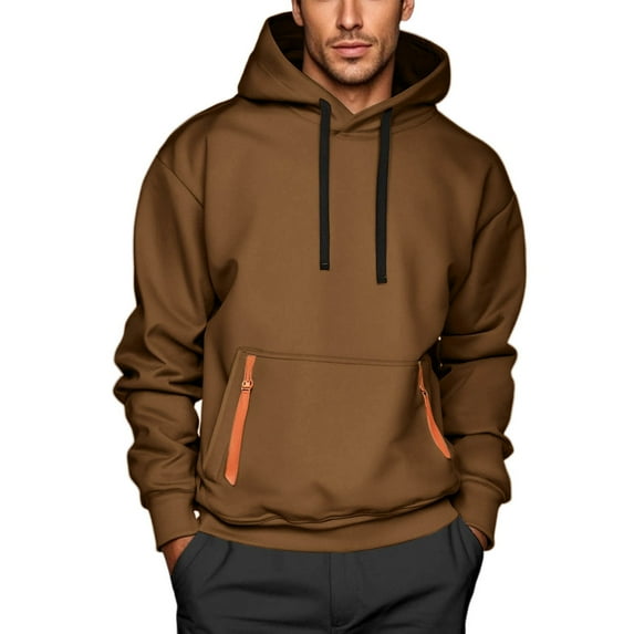 SYMOID Men's 100% Polyester Relaxed Fit Hoodie - 2XL Brown, Adjustable Drawstring, Orange Zipper Kangaroo Pocket, Ribbed Cuffs, Wrinkle-Resistant for Daily Casual/Gym