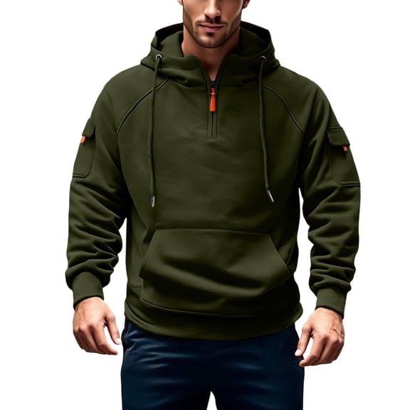 SYMOID Men's 2XL Army Green Half-Zip Utility Hoodie - 100% Polyester, Quick-Drying with Arm/Kangaroo Pockets for Outdoor/Everyday