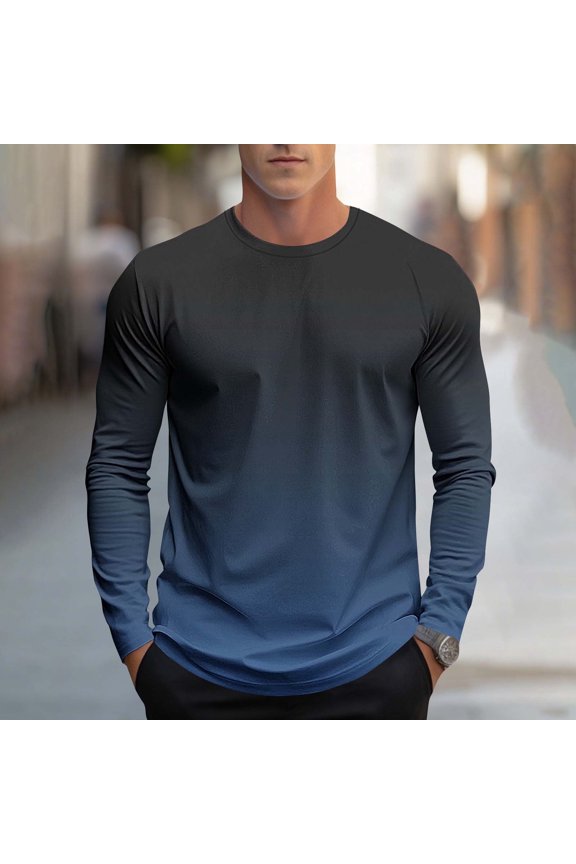 Men's 2XL Navy Ombré Long Sleeve T-Shirt - Cotton Polyester Blend, Wrinkle-Resistant, Versatile for Casual/Workout