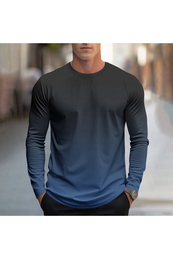 Men's 2XL Navy Ombré Long Sleeve T-Shirt - Cotton Polyester Blend, Wrinkle-Resistant, Versatile for Casual/Workout