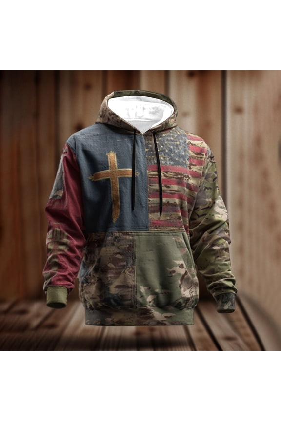 Men's American Flag Cross Camouflage Pullover Hoodie - Army Green, Size 2XL, 100% Polyester Quick Dry with Drawstring Hood & Kangaroo Pocket