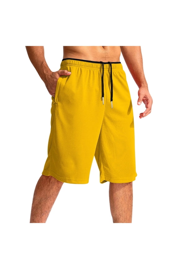 GUZOM Men's Athletic Shorts Quick-Drying Moisture-Wicking Elastic Waist with Drawstring Side Pockets for Workout & Daily Wear Yellow Size 2XL