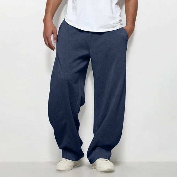 SYMOID Men's Baggy Joggers - 100% Polyester Quick-Drying Wrinkle-Resistant Pants for Workout & Lounge, Navy, Size L