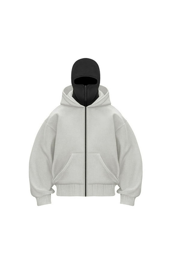 Men's Balaclava Hoodie 100% Polyester Windproof - Oversized Full-Zip Multi-Purpose for Streetwear/Outdoor, Size S, Gray