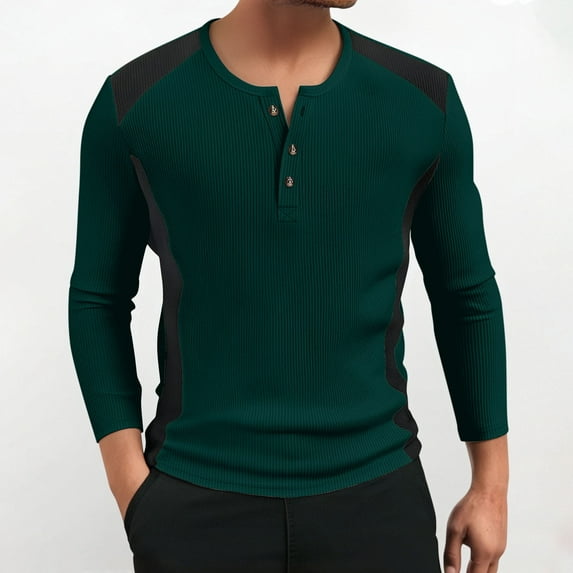 SYMOID Men's Big & Tall 4XL Green Long Sleeve Henley Shirt - Color Block Slim Fit, Soft Stretchy for Casual Daily & Weekend Wear