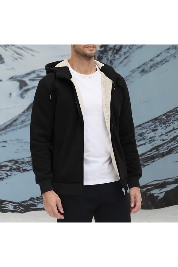 Men's Black Sherpa Lined Zip Up Hoodie - Polyester Spandex Warm Hooded Jacket, Regular Fit, Size S, Easy Care for Daily Errands & Light Outdoor Wear