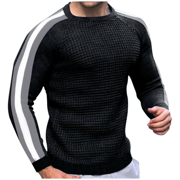SYMOID Men's Black Size M Crew Neck Sweater | Nylon Spandex Stretchy Fabric, Raglan Sleeves | Striped Sleeves & Textured Knit for Comfortable Casual/Work/Weekend Wear