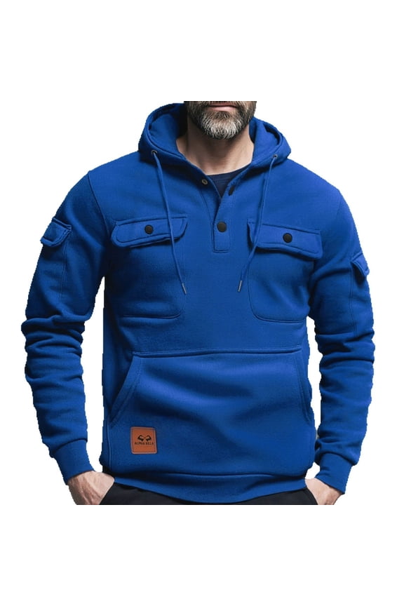 Men's Blue 100% Polyester Pullover Henley Hoodie - S Size, Multi-Pocket (Chest/Kangaroo/Sleeve), Drawstring, Ribbed Hem, Warm for Daily Casual & Light Outdoor Use