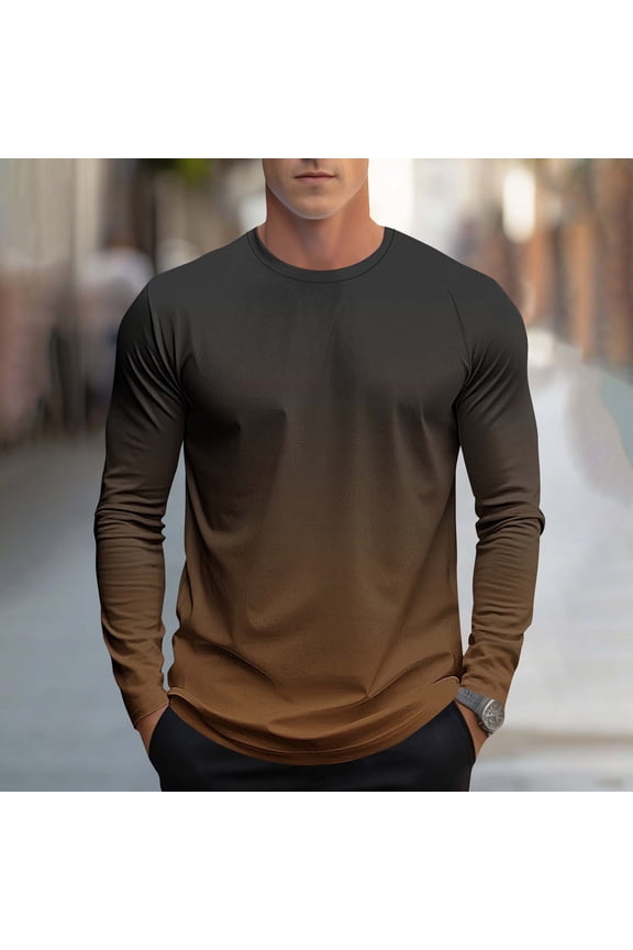 Men's Brown Ombre Crew Neck Long Sleeve T-Shirt - Poly-Cotton Blend, Quick-Dry, Size 2XL (Extended Up to XXXXL) for Daily & Athletic Wear
