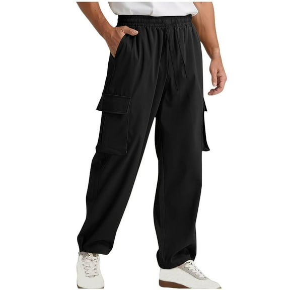 SYMOID Men's Cargo Pants Black Size 2XL - 100% Polyester Relaxed Fit, Elastic Waist with Drawstring, Multiple Pockets, Breathable for Men's Casual & Outdoor Wear