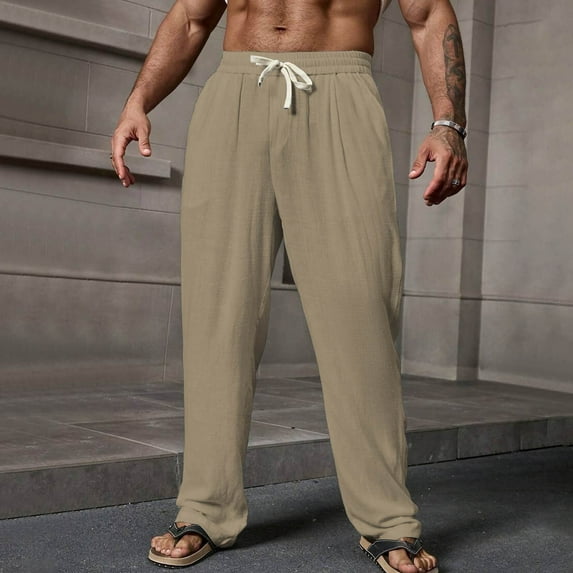 SYMOID Men's Casual Long Pants Straight Leg - Relaxed Fit, Nylon Spandex Blend, Stretchy Breathable, Drawstring Waist, Khaki Color, Size XL