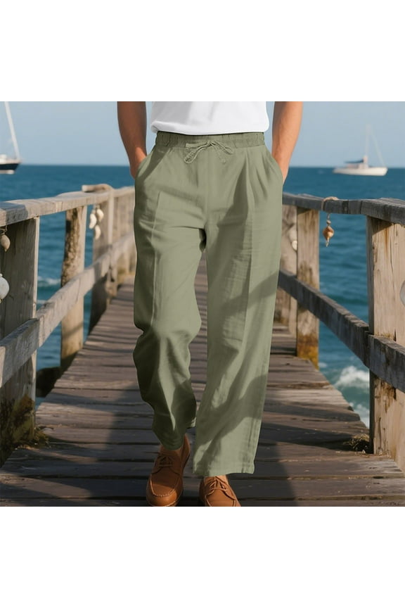 Men's Casual Pants Elastic Waist Drawstring Straight Leg 100% Polyester Wrinkle-Resistant Versatile for Daily/Business Casual - Army Green, Size L