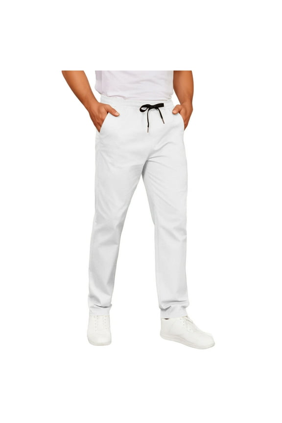 Men's Casual Straight Leg Pants - 100% Polyester, Wrinkle-Resistant, Drawstring Waist, Size M, White