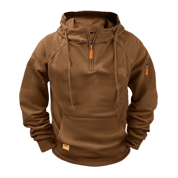 GUZOM Men's Coffee Polyester Half-Zip Hoodie,L Size,Warm,Durable,with Kangaroo & Sleeve Zipper Pockets,Adjustable Hood for Daily Wear & Light Outdoor Activities