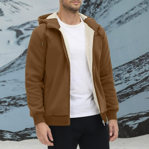 SYMOID Men's Coffee Zip-Up Hooded Jacket - L Size, Sherpa Lined for Warmth, Polyester Spandex Blend, Regular Fit, Full-Zip with Adjustable Hood, Casual Outdoor Daily Wear