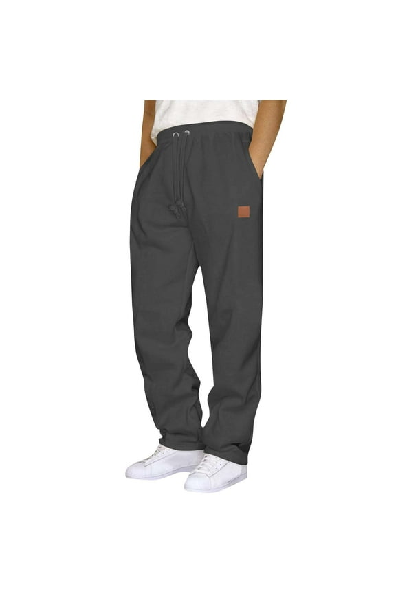 Men's Comfy Elastic Waist Drawstring Pants - 100% Polyester Wrinkle-Resistant with Pockets, Size M Dark Gray Casual Lounge Wear
