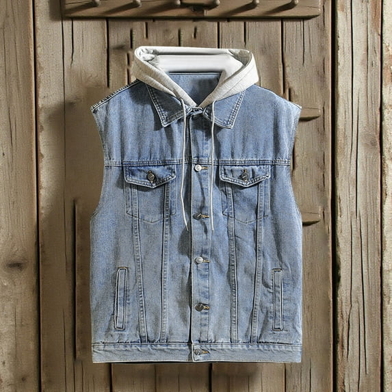 SYMOID Men's Denim Hooded Vest - Vintage Streetwear Style, 100% Denim, Blue, Size XL, Perfect for Daily & Spring/Fall Layering
