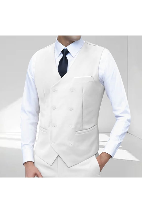 Men's Double-Breasted Formal Vest - White, Size M, Wrinkle-Resistant Polyester Waistcoat for Business/Wedding/Events