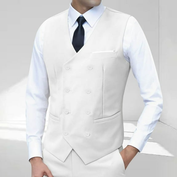 SYMOID Men's Double-Breasted Formal Vest - White, Size XL, Wrinkle-Resistant Polyester Waistcoat for Business/Wedding/Events