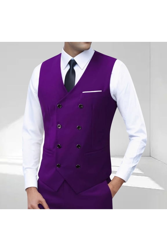 Men's Double-Breasted Formal Vest - Wrinkle-Resistant, Faux Pocket Square, Size S, Purple