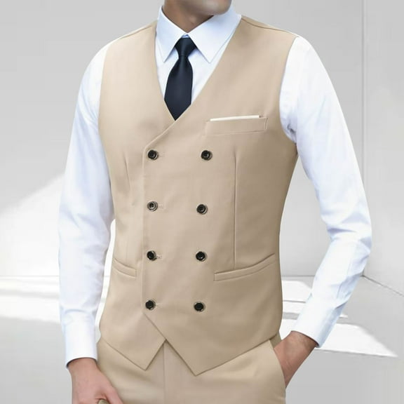 SYMOID Men's Double-Breasted Formal Vest - Wrinkle-Resistant Polyester, Beige Size L - Versatile for Business, Wedding & Smart Casual