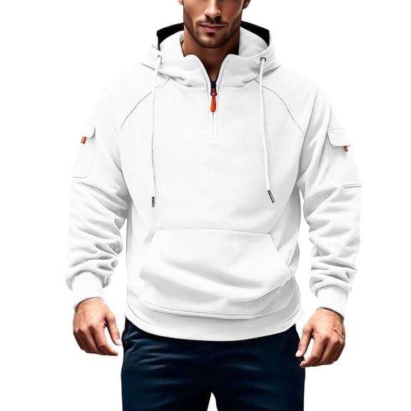 SYMOID Men's 100% Polyester Half Zip Hoodie - Relaxed Fit, Raglan Sleeves, Kangaroo & Sleeve Pockets, Adjustable Hood, White, Size 2XL - Ideal for Casual/Outdoor/Lounge Wear