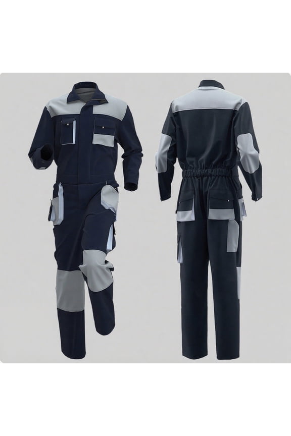 Men's Durable Nylon Spandex Work Jumpsuit with Multiple Pockets, Reinforced Elbows & Knees - High Visibility, Dark Blue, Size L