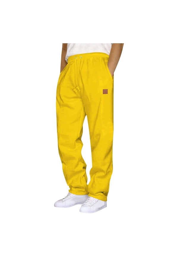 GUZOM Men's Elastic Waist Drawstring Casual Pants 100% Polyester Quick Dry,Side Pockets,Yellow Size M,Loungewear