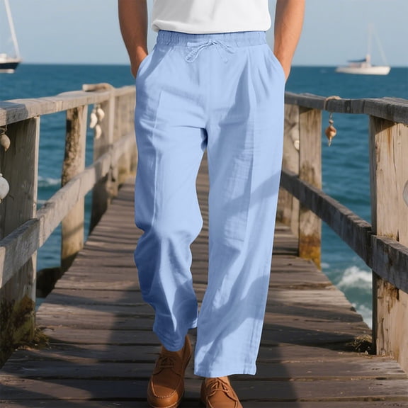 SYMOID Men's Elastic Waist Straight Leg Pants - 100% Polyester Wrinkle Resistant Quick-Dry, Size XL, Light Blue