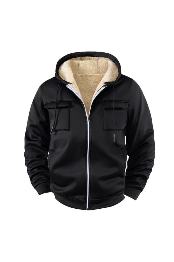 Men's Faux Shearling Lined Hooded Jacket - Warm Nylon Spandex Blend, Full Zip, Adjustable Hood, Black, Size 2XL - Ideal for Daily Commute/Hiking/Layering